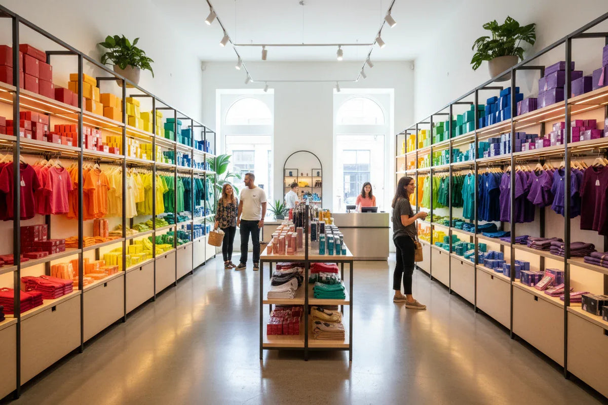 Modern store interior with rainbow-colored shirts and products on shelves, customers shopping.