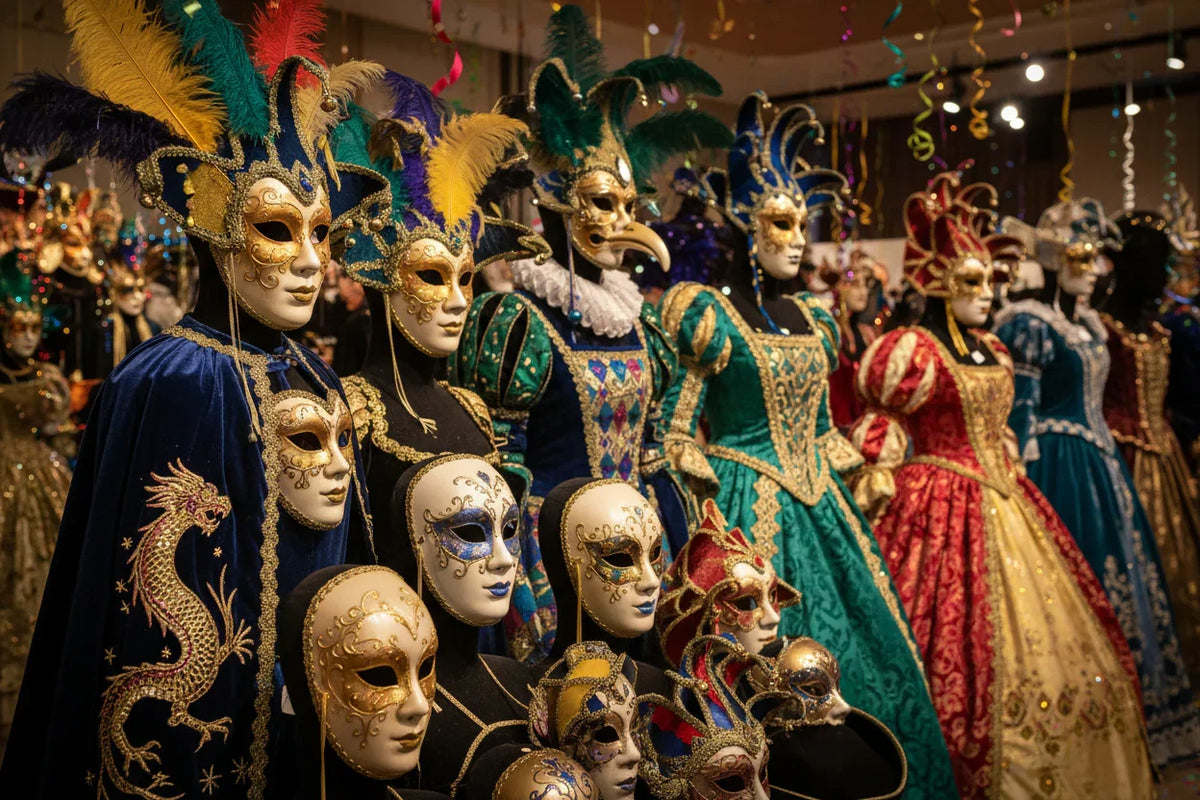 Colorful Venetian masks and ornate costumes on display in a festive Seven Colors store setting.