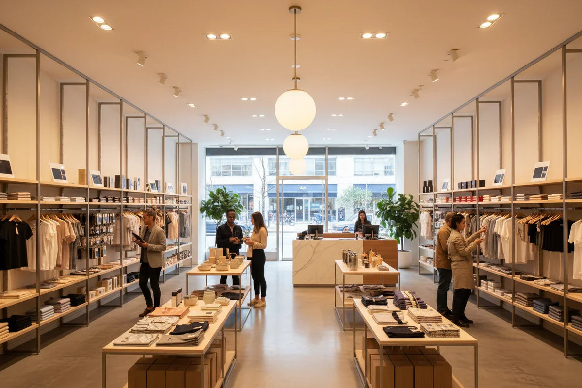 Modern retail store interior with clothing, accessories, home goods, and customers browsing