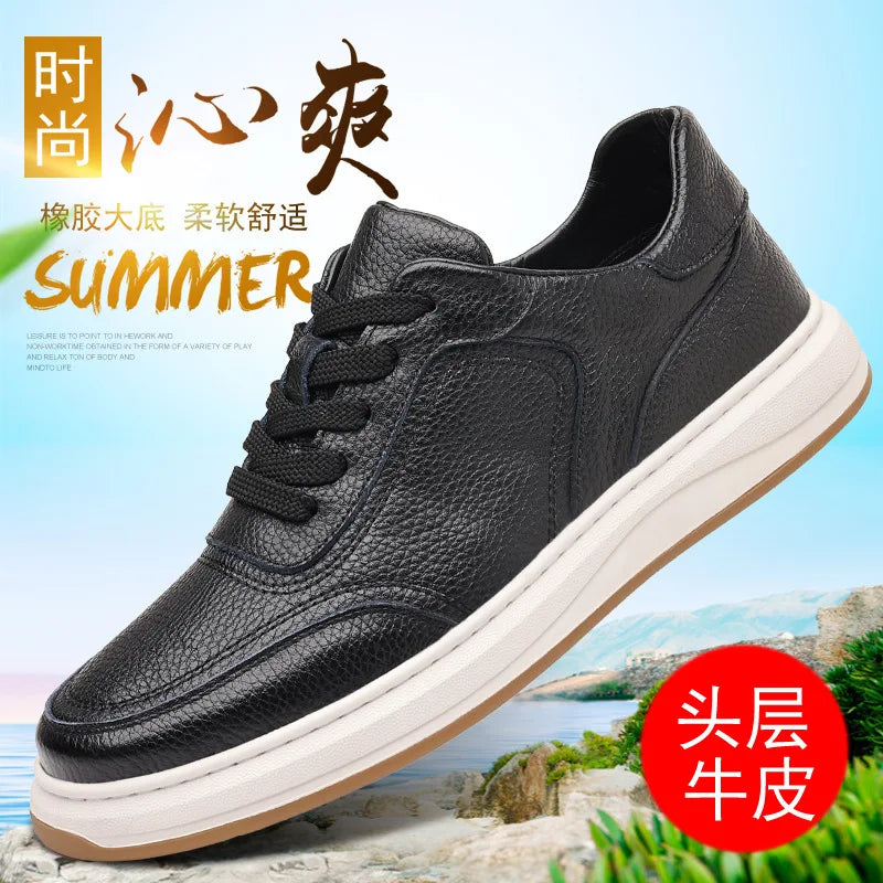 First-Layer Cowhide Spring New Men's Casual Shoes Breathable Genuine Leather Sneakers Lace-Up Closure Mesh Lining White Color