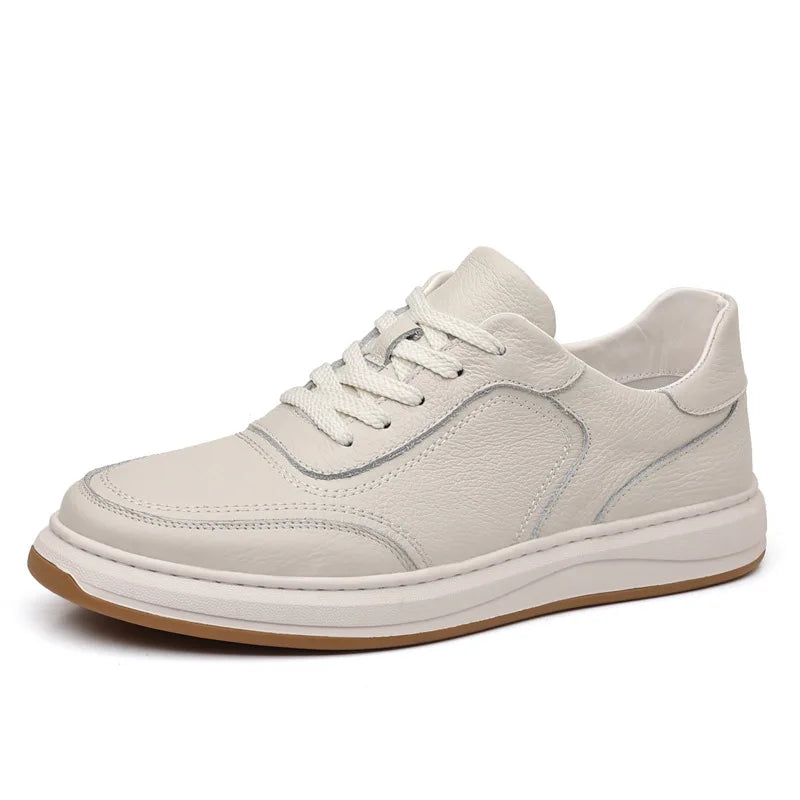 First-Layer Cowhide Spring New Men's Casual Shoes Breathable Genuine Leather Sneakers Lace-Up Closure Mesh Lining White Color