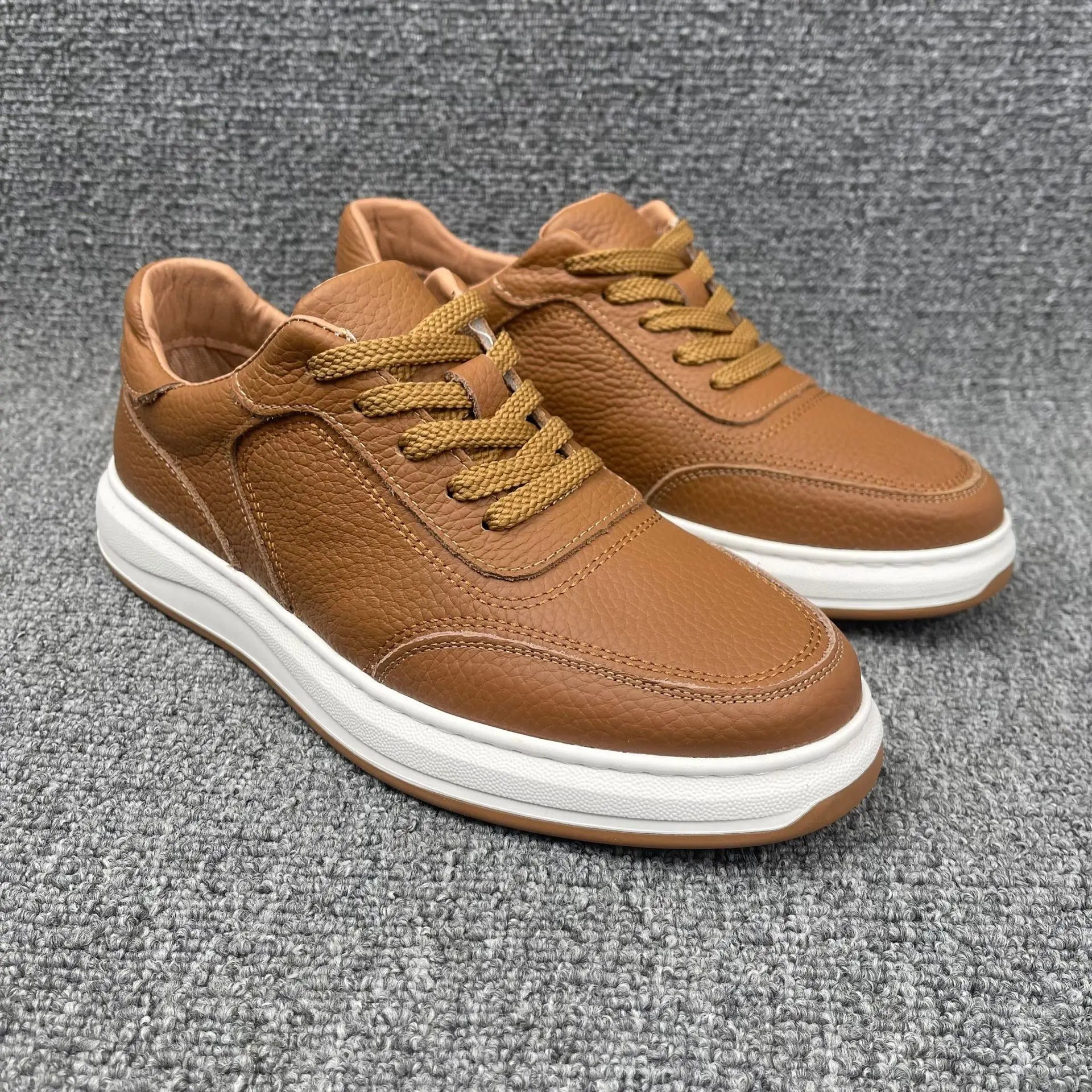 First-Layer Cowhide Spring New Men's Casual Shoes Breathable Genuine Leather Sneakers Lace-Up Closure Mesh Lining White Color