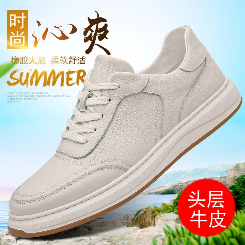 First-Layer Cowhide Spring New Men's Casual Shoes Breathable Genuine Leather Sneakers Lace-Up Closure Mesh Lining White Color