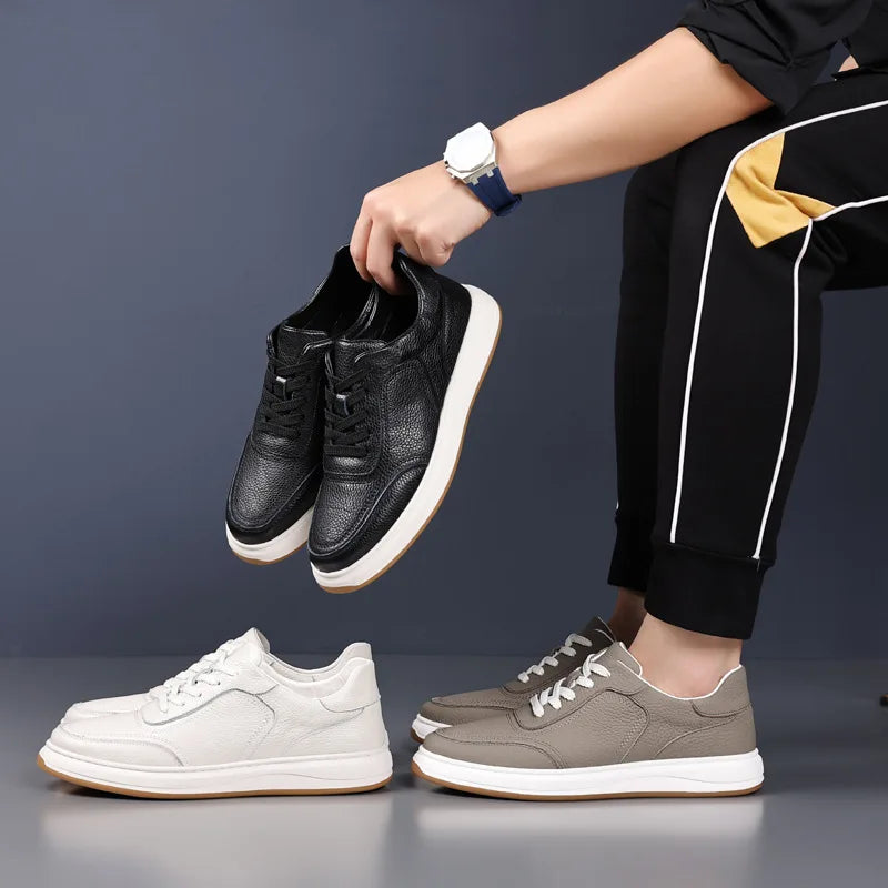 First-Layer Cowhide Spring New Men's Casual Shoes Breathable Genuine Leather Sneakers Lace-Up Closure Mesh Lining White Color
