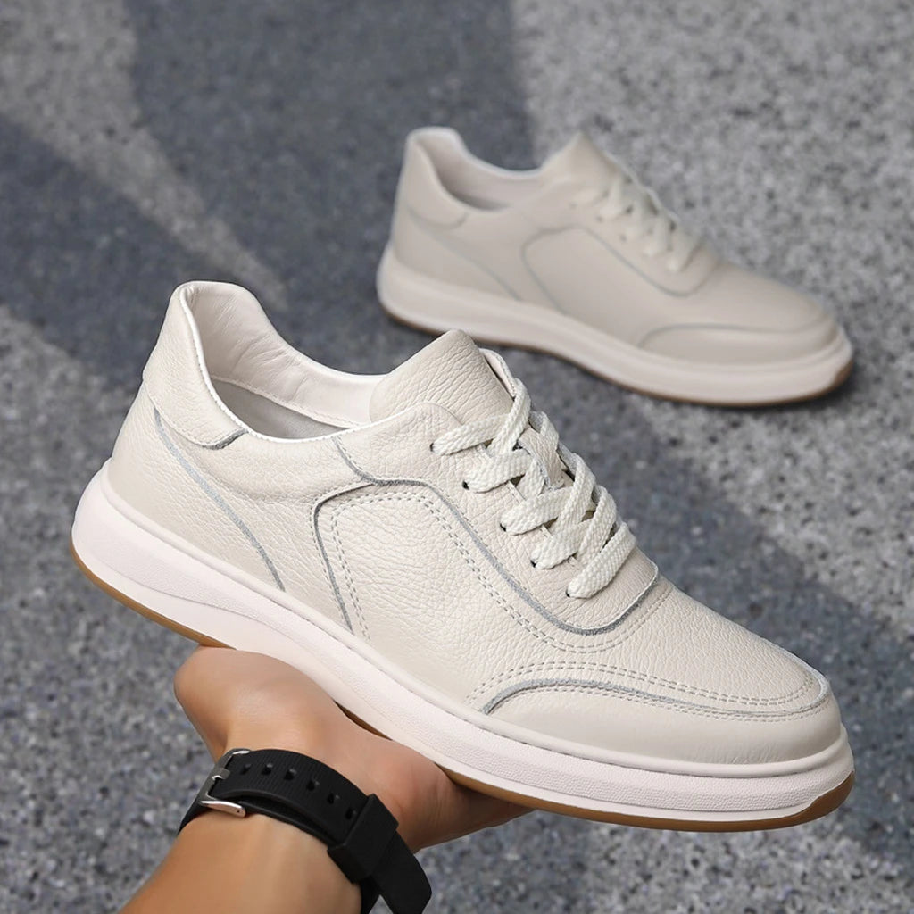 First-Layer Cowhide Spring New Men's Casual Shoes Breathable Genuine Leather Sneakers Lace-Up Closure Mesh Lining White Color