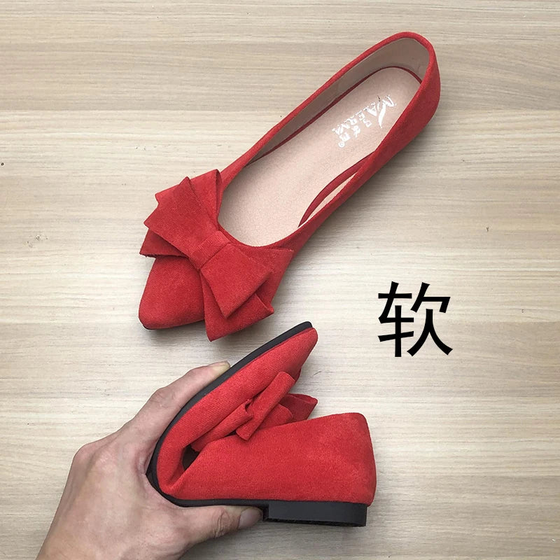 Women Flats with Big Bowknot Red Wedding Shoes Flat Heel Butterfly-knot Soft Sole Small Size 33 34 large size 43 Rose Red Flats