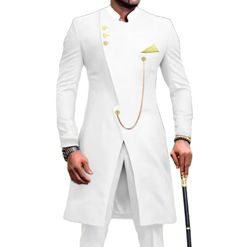 Bridalaffair Stylish African White Long Costume Hommes Classic Tuxedos Groom Suit for Men 2 Piece Slim Fit  Groom Wear