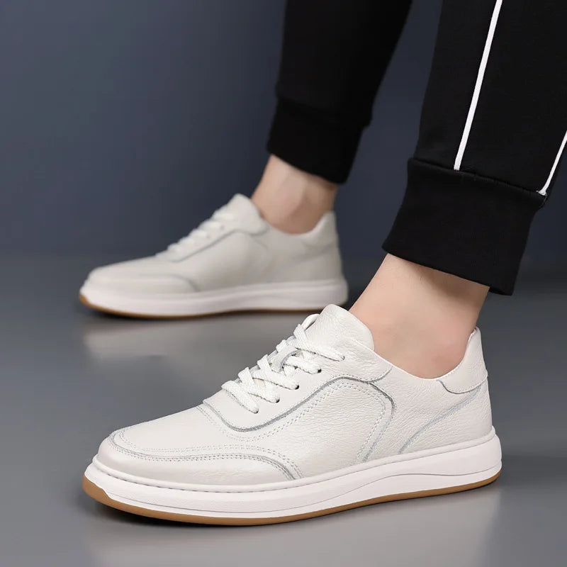 First-Layer Cowhide Spring New Men's Casual Shoes Breathable Genuine Leather Sneakers Lace-Up Closure Mesh Lining White Color