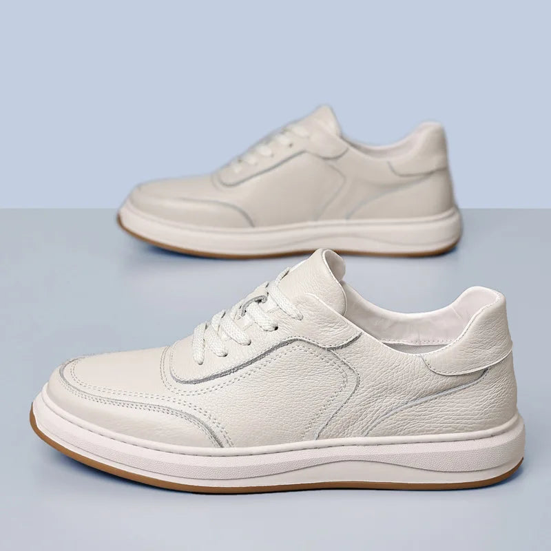 First-Layer Cowhide Spring New Men's Casual Shoes Breathable Genuine Leather Sneakers Lace-Up Closure Mesh Lining White Color