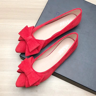 Women Flats with Big Bowknot Red Wedding Shoes Flat Heel Butterfly-knot Soft Sole Small Size 33 34 large size 43 Rose Red Flats
