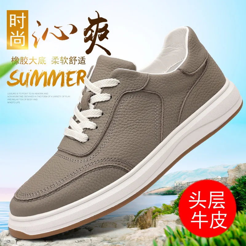 First-Layer Cowhide Spring New Men's Casual Shoes Breathable Genuine Leather Sneakers Lace-Up Closure Mesh Lining White Color