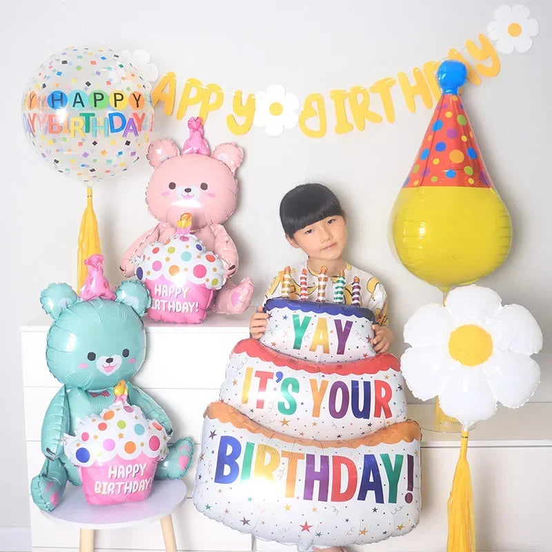 3-Layer Large Cake Balloons  Birthday Cartoon Bear Cake Foil Balloons for Kids Birthday Party Decoration Props Balloon Toys