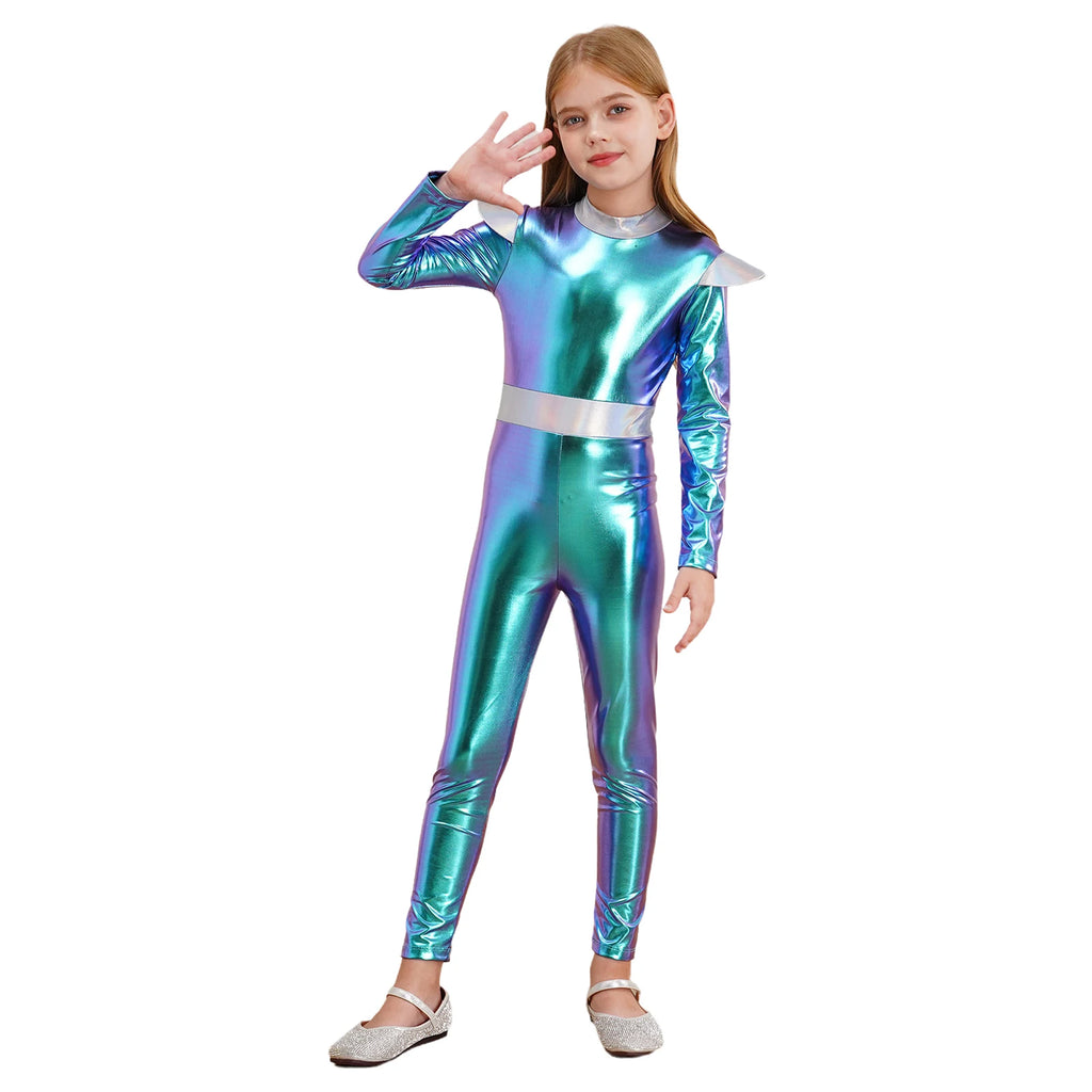 Kids Alien Cosplay Halloween Costume Shiny Bodysuit Astronaut Tech Theme Party Outfit Role Play Jumpsuit Astronaut Dress Up