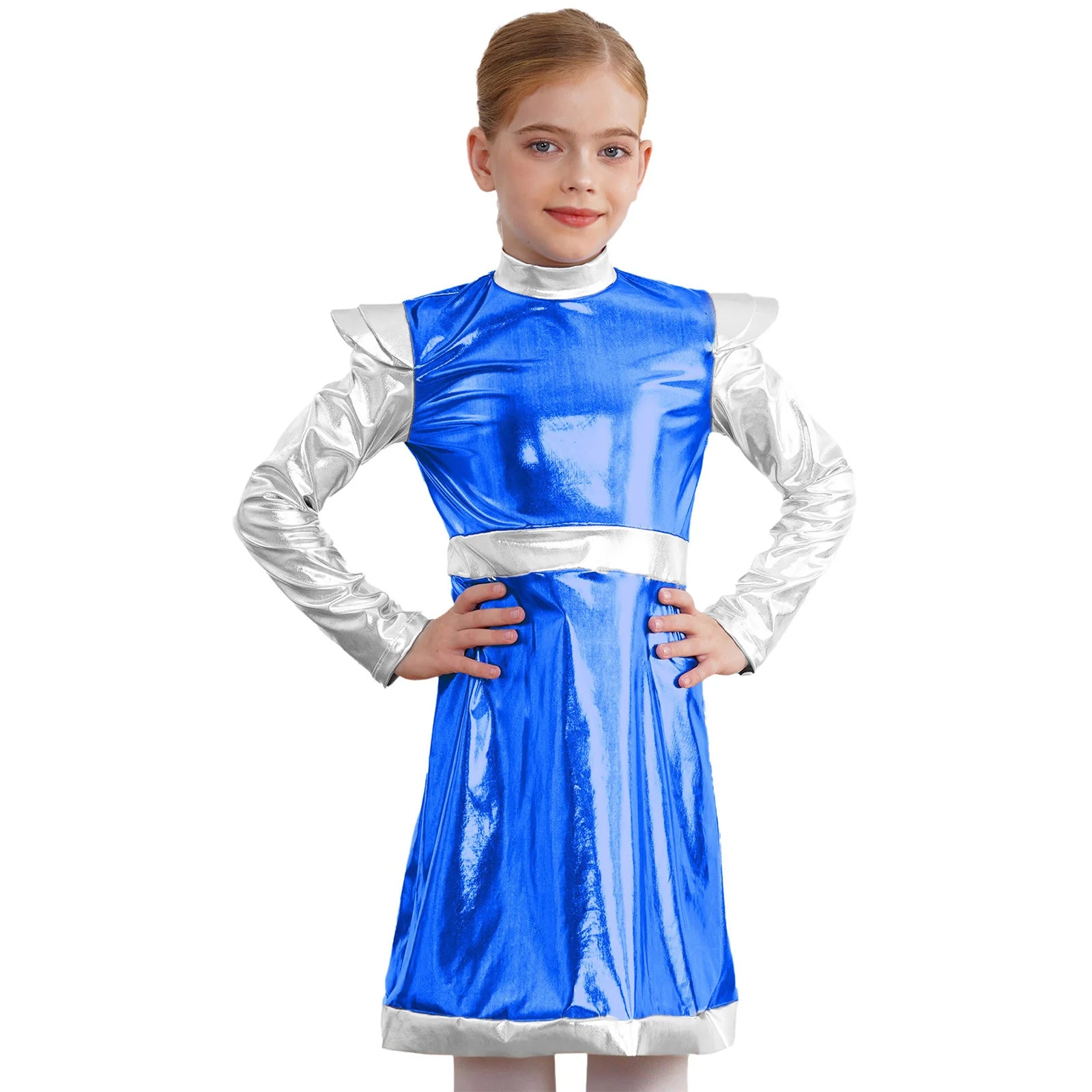 Kids Alien Cosplay Costume Outfits Boys Girls Metallic Shiny Alien Jumpsuit Halloween Full Length Bodysuit with Hair Hoop Suit