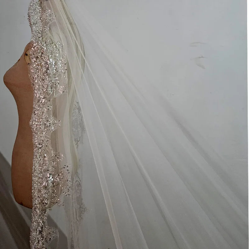 Full crystal pearl lace veil bridal cathedral luxury new wedding accessories white veil With metal hair comb  custom made veil