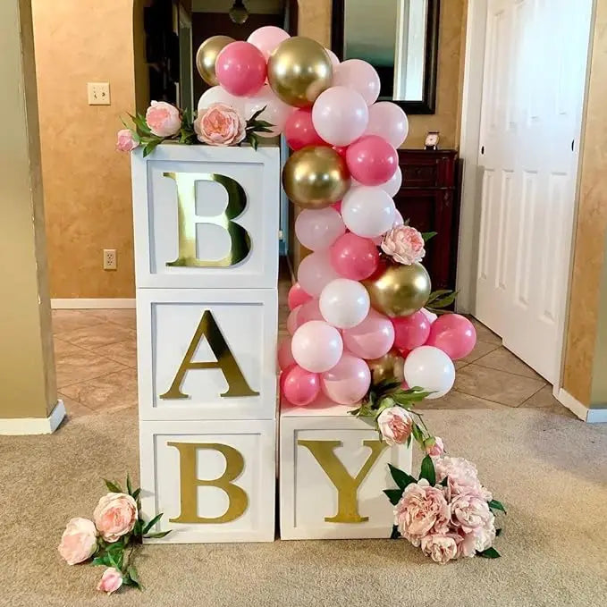 Baby Boxes with Letters for Baby Shower Gender Reveal Decorations White Boxes Blocks with 4 pcs Letters Birthday Party Decor