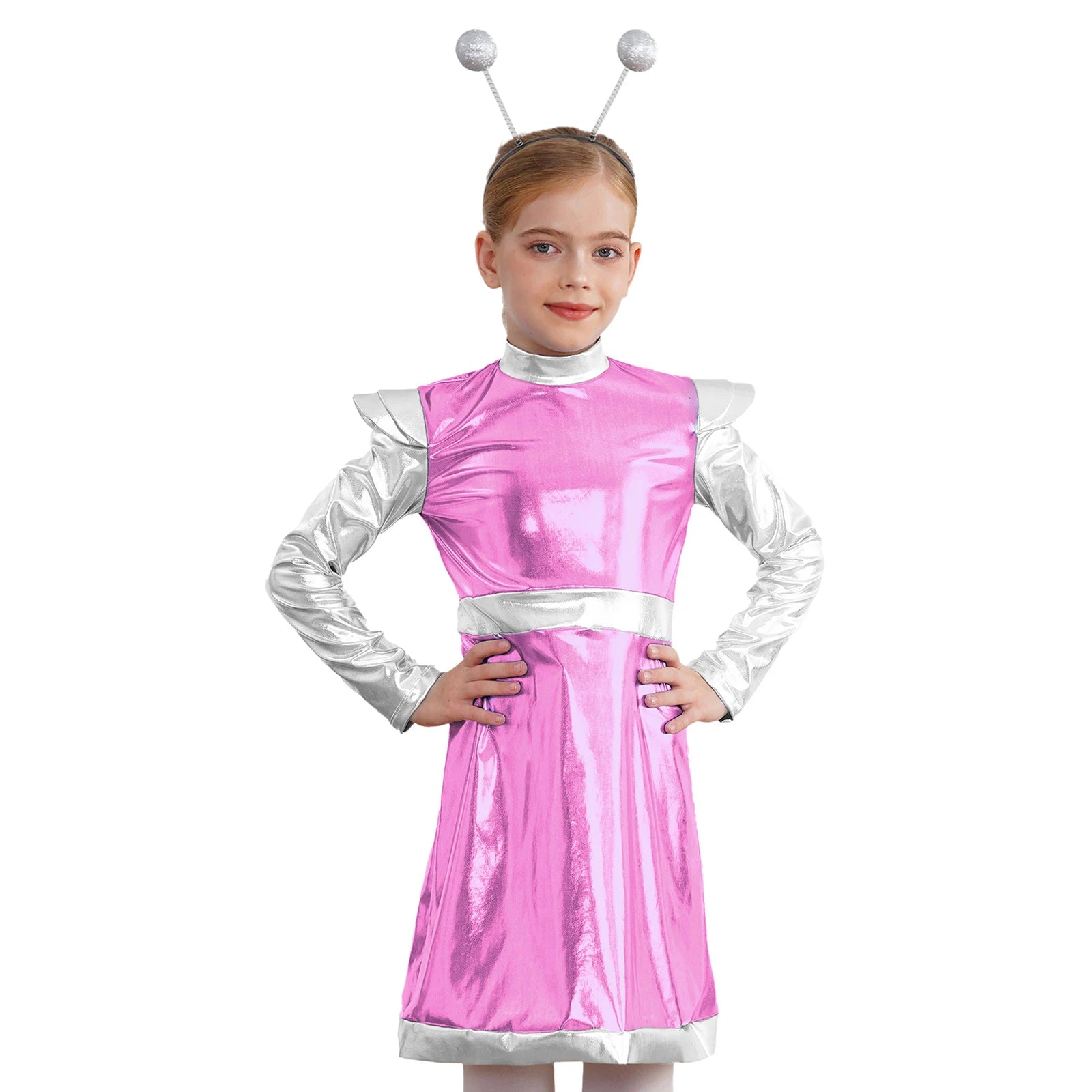 Kids Alien Cosplay Costume Outfits Boys Girls Metallic Shiny Alien Jumpsuit Halloween Full Length Bodysuit with Hair Hoop Suit