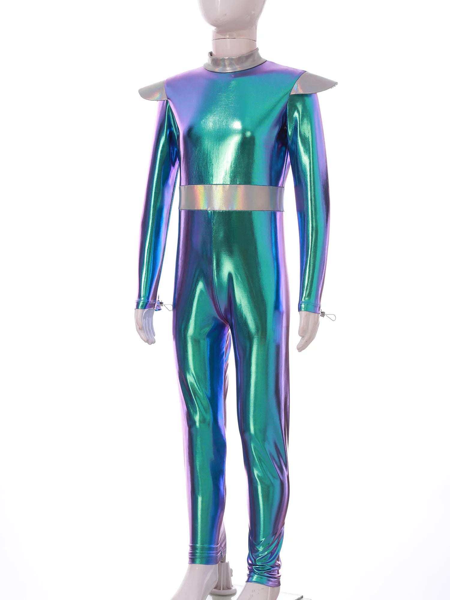 Kids Alien Cosplay Halloween Costume Shiny Bodysuit Astronaut Tech Theme Party Outfit Role Play Jumpsuit Astronaut Dress Up