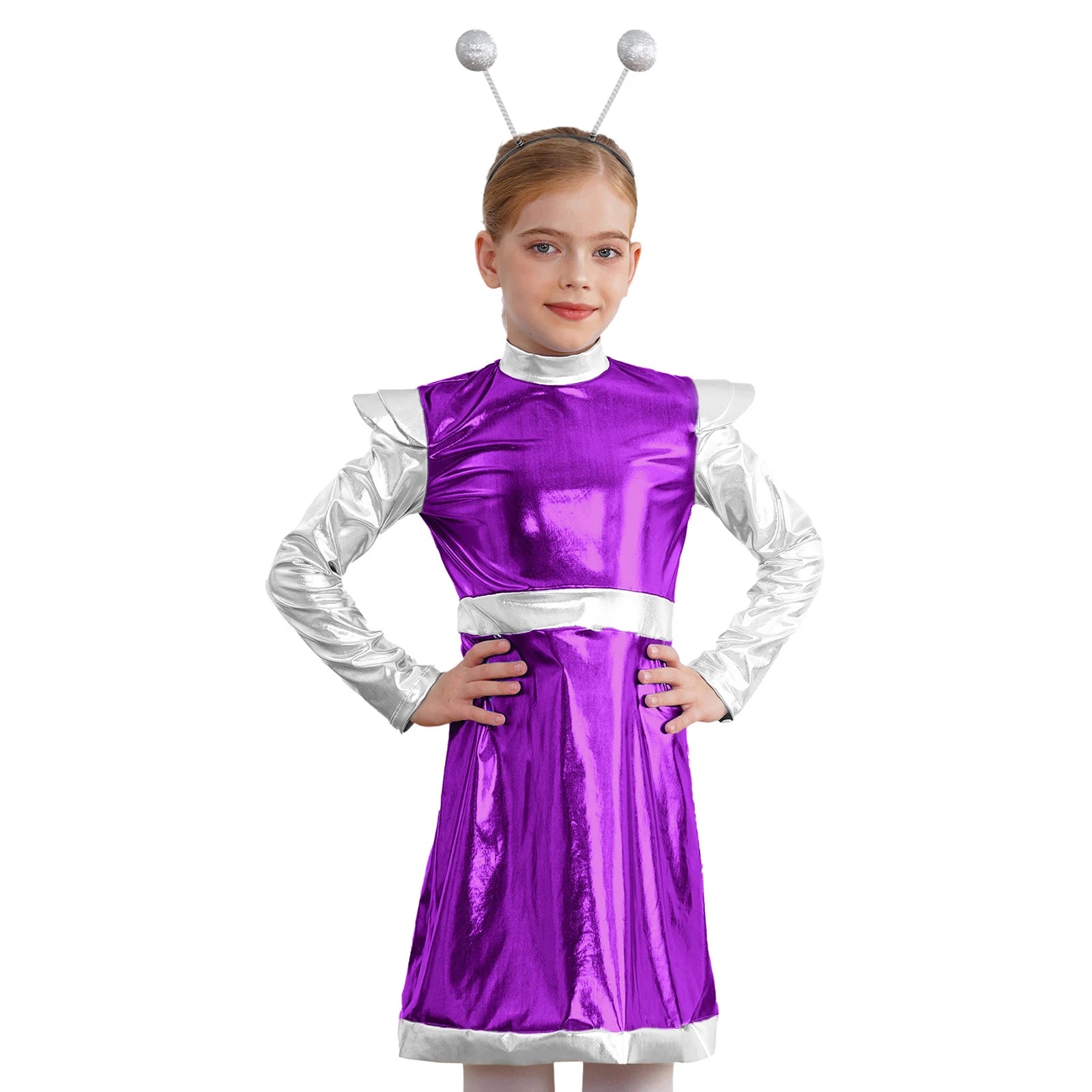 Kids Alien Cosplay Costume Outfits Boys Girls Metallic Shiny Alien Jumpsuit Halloween Full Length Bodysuit with Hair Hoop Suit