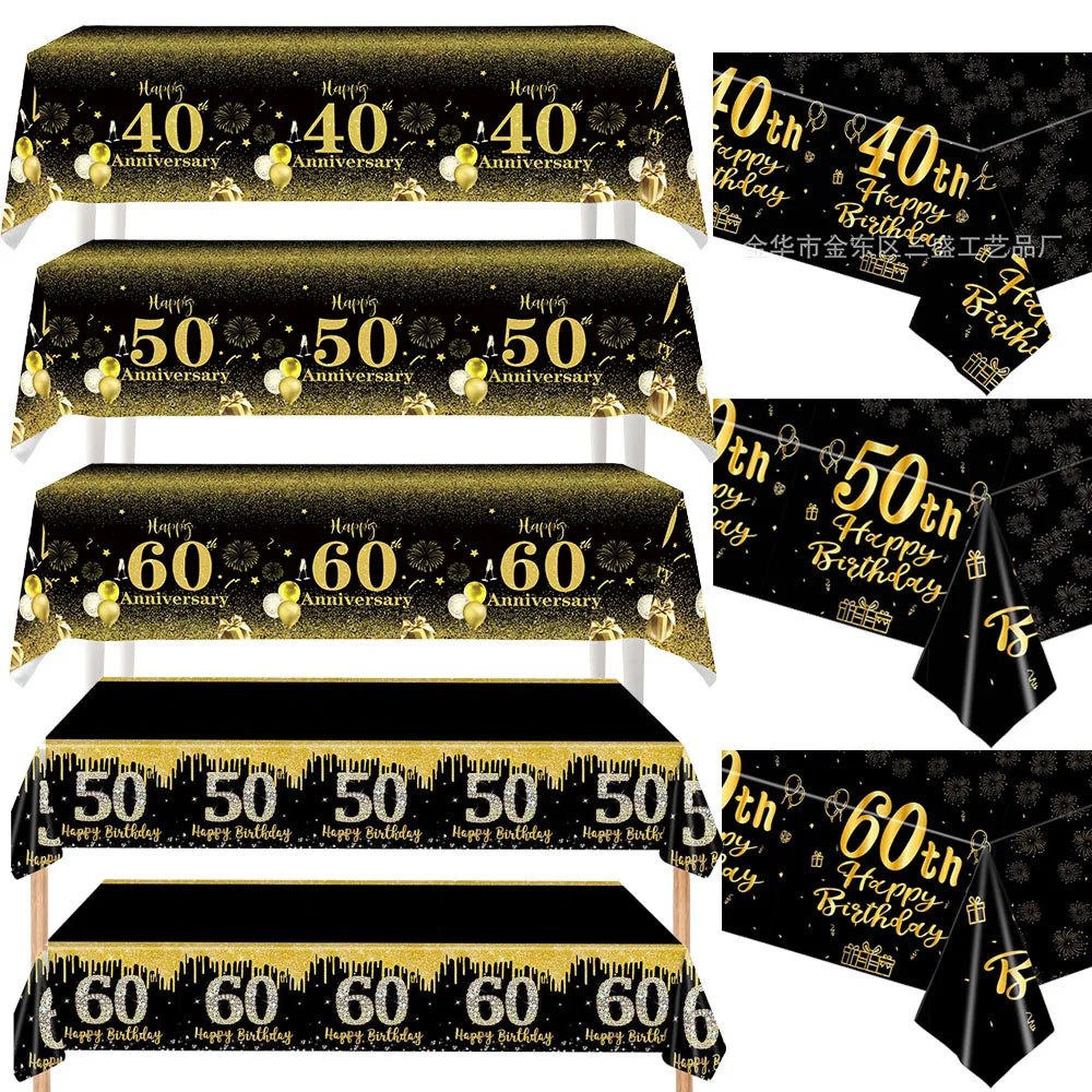 1/3/5packs 40th 50th 60th Birthday Plastic Tablecloth Black Gold Happy 40th/50th/60th Anniversary Party Decors for Men Women