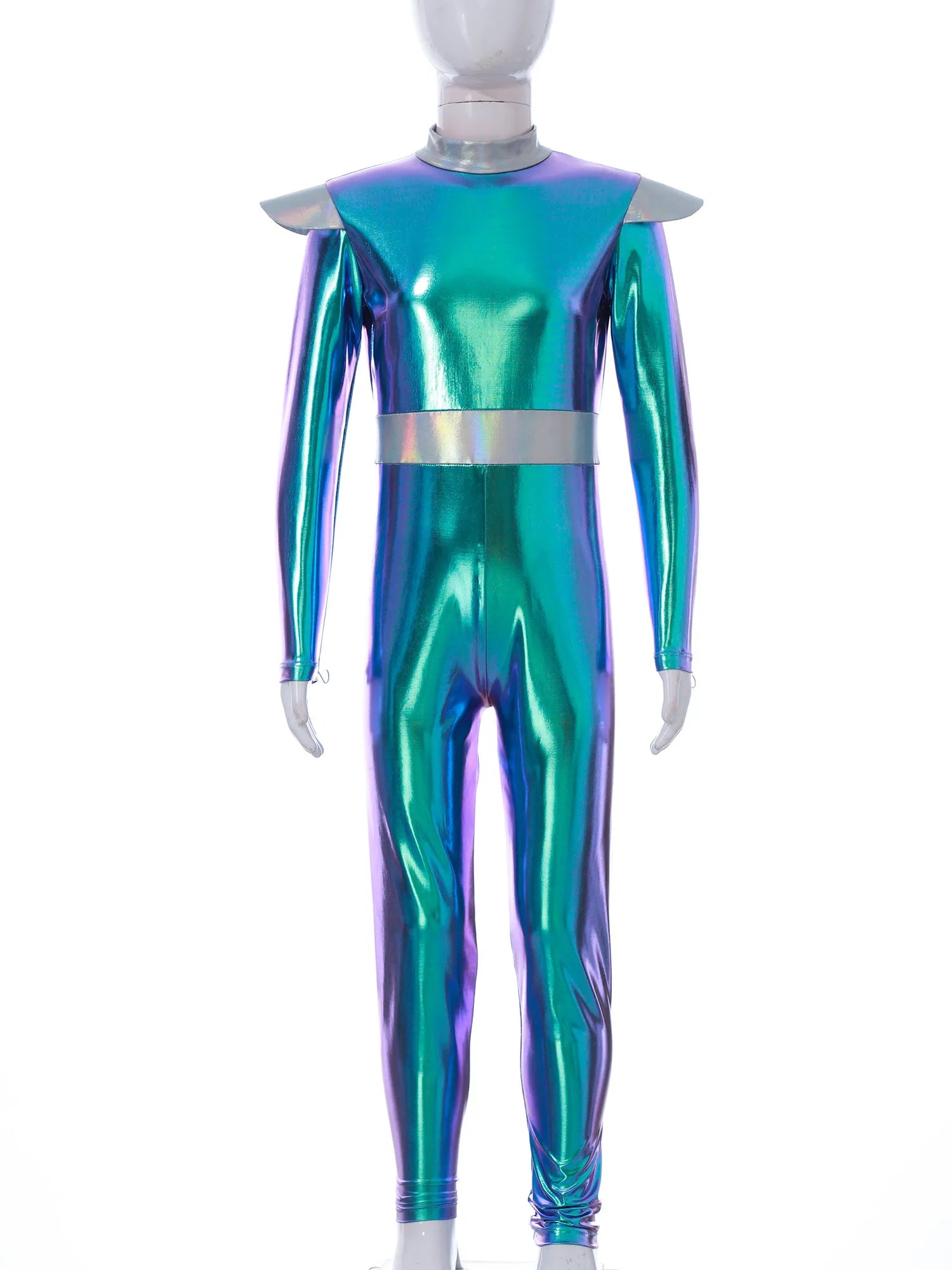 Kids Alien Cosplay Halloween Costume Shiny Bodysuit Astronaut Tech Theme Party Outfit Role Play Jumpsuit Astronaut Dress Up