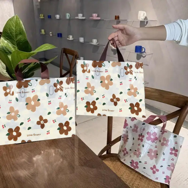 100/50 Pcs Plastic Packaging Bags with Handle Transparent Shopping Flower Carry Out Bags Gift Bag Kitchen Accessory