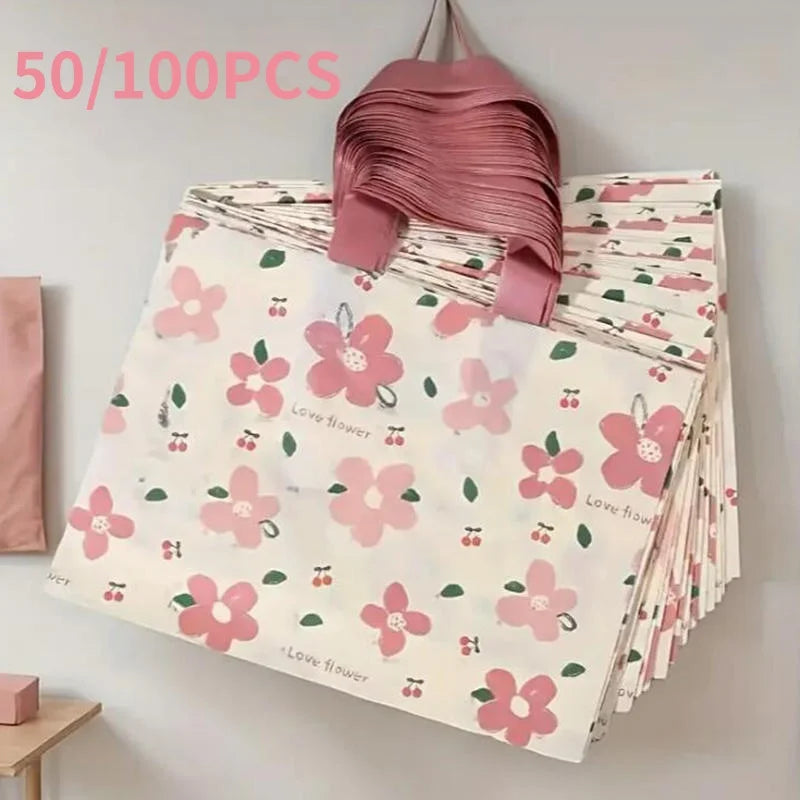 100/50 Pcs Plastic Packaging Bags with Handle Transparent Shopping Flower Carry Out Bags Gift Bag Kitchen Accessory