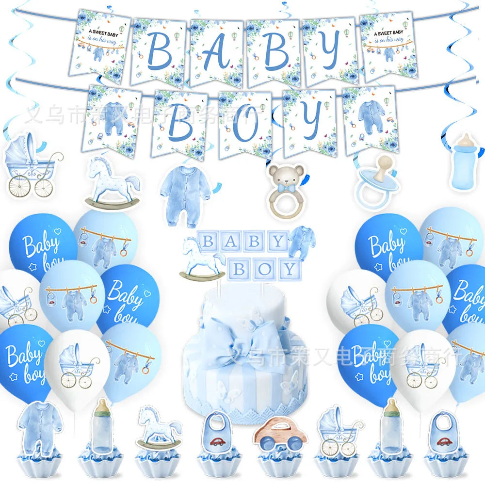 Baby Shower Decorations for Boy Blue Baby Boy Banner Balloons Hanging Swirls Decors Cake Toppers Baby Boy Shower Party Supplies
