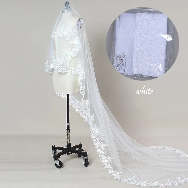 Wedding Veil Lace Edge Long Luxurious Bridal Veil White/ivory Veil With Comb Tulle Cathedral One-layer 3 Meters Bride Accessorie