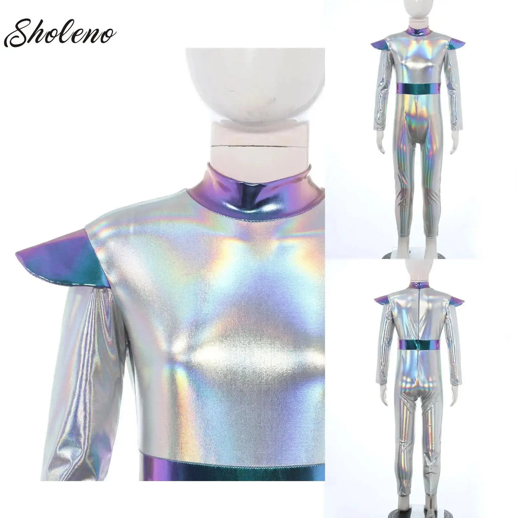 Kids Alien Cosplay Halloween Costume Shiny Bodysuit Astronaut Tech Theme Party Outfit Role Play Jumpsuit Astronaut Dress Up