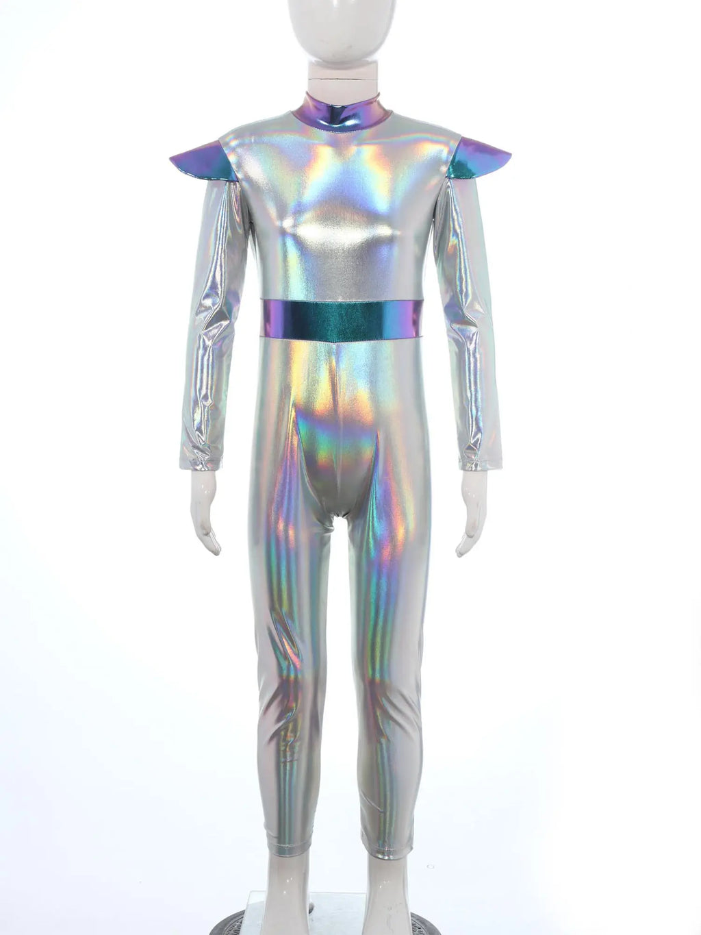 Kids Alien Cosplay Halloween Costume Shiny Bodysuit Astronaut Tech Theme Party Outfit Role Play Jumpsuit Astronaut Dress Up