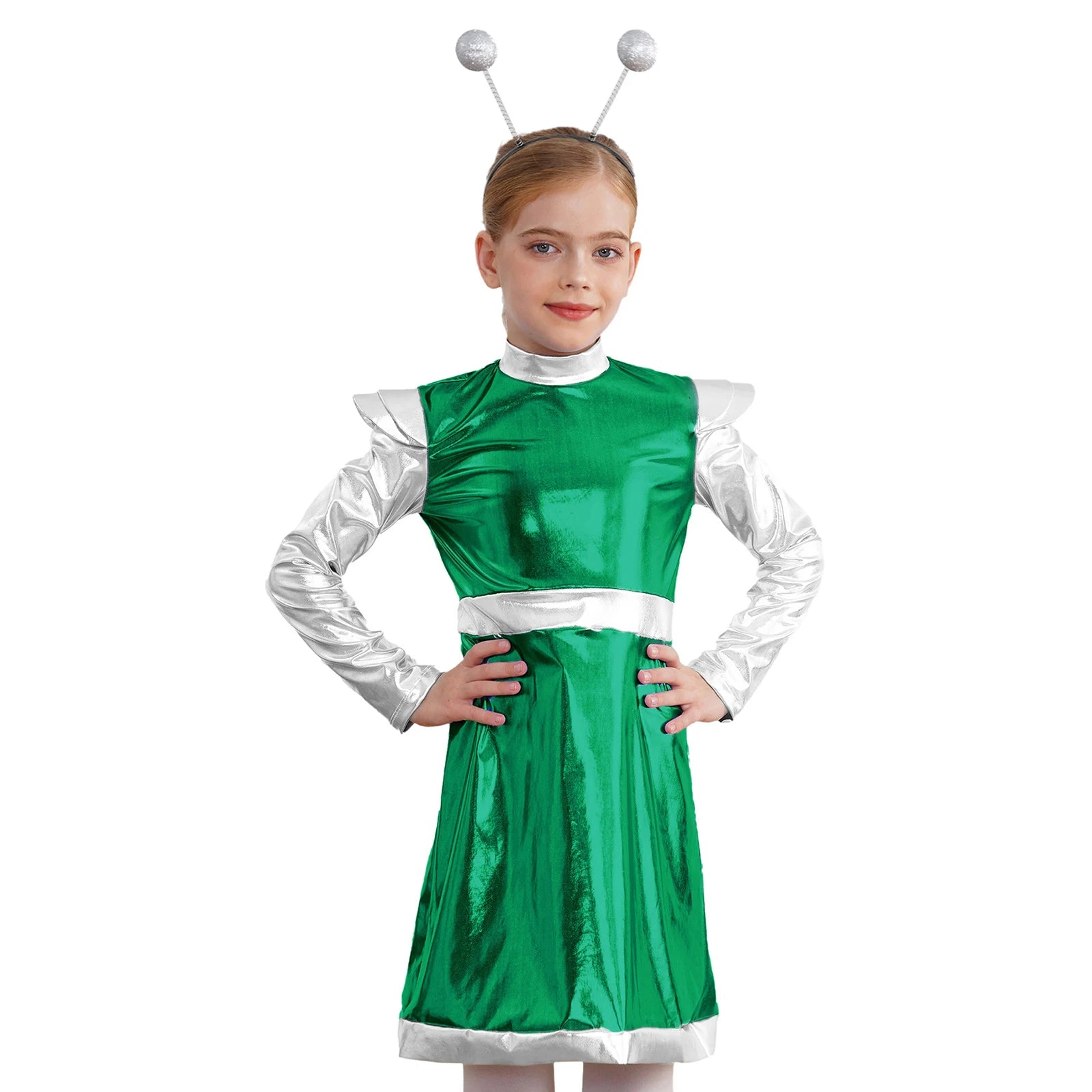 Kids Alien Cosplay Costume Outfits Boys Girls Metallic Shiny Alien Jumpsuit Halloween Full Length Bodysuit with Hair Hoop Suit