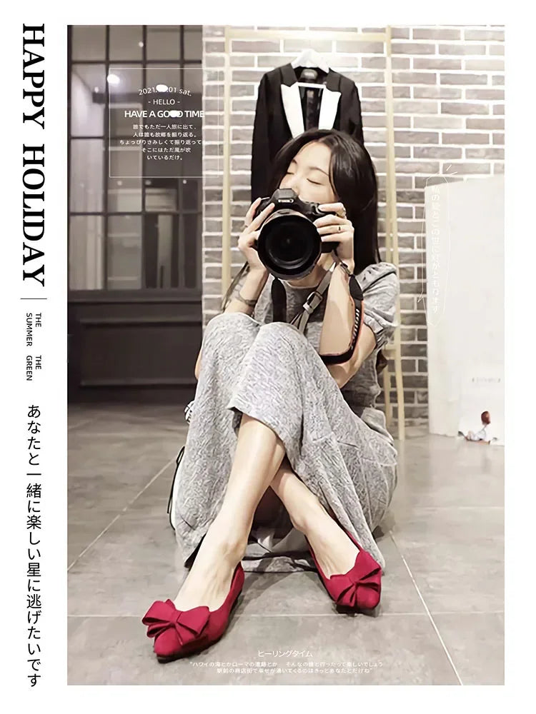 Women Flats with Big Bowknot Red Wedding Shoes Flat Heel Butterfly-knot Soft Sole Small Size 33 34 large size 43 Rose Red Flats