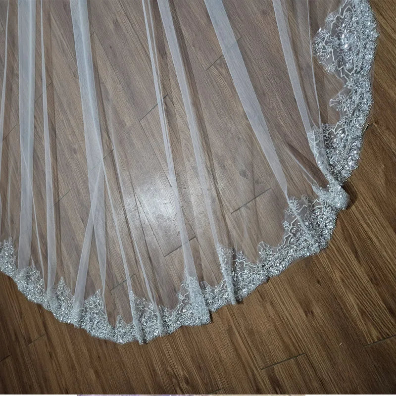 Full crystal pearl lace veil bridal cathedral luxury new wedding accessories white veil With metal hair comb  custom made veil