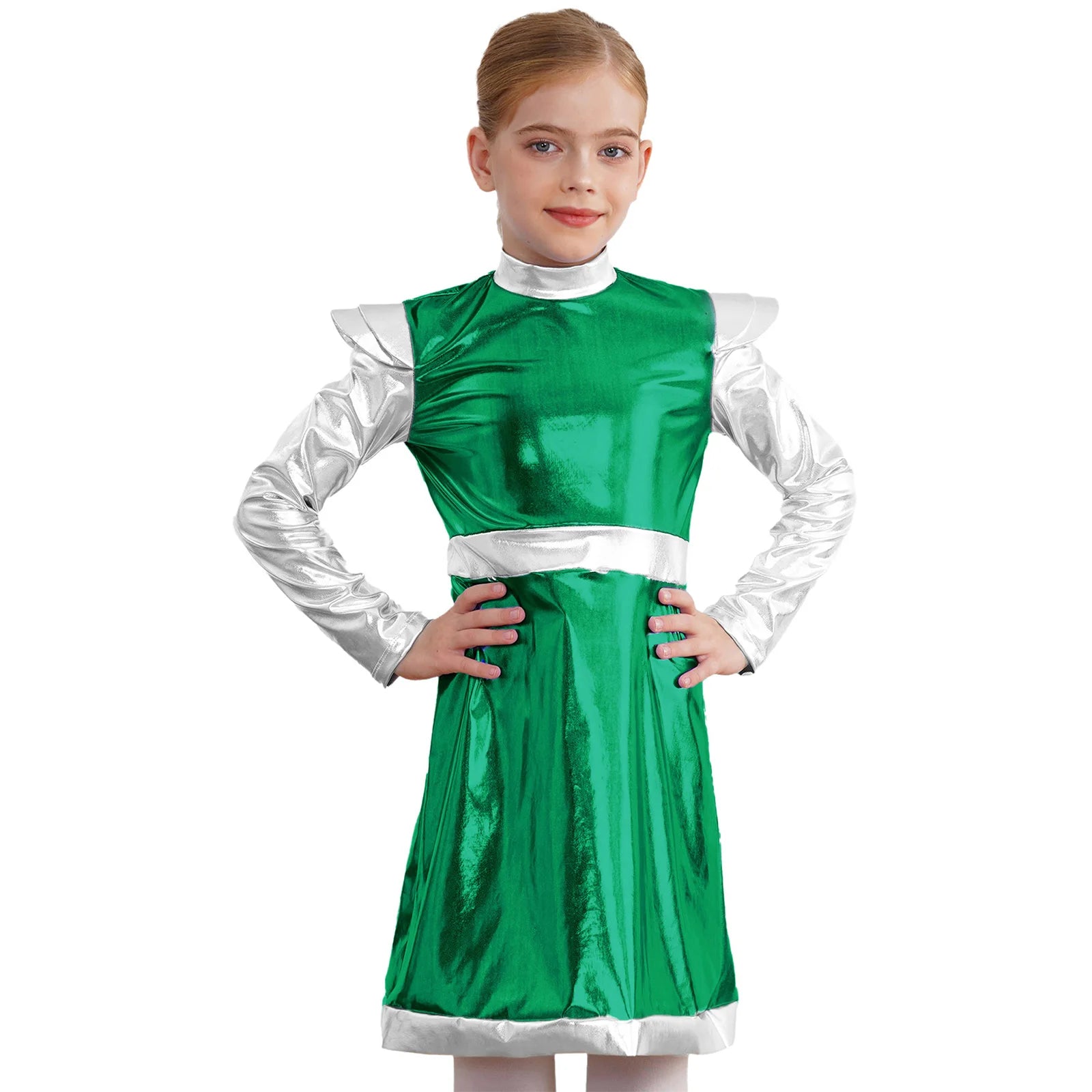 Kids Alien Cosplay Costume Outfits Boys Girls Metallic Shiny Alien Jumpsuit Halloween Full Length Bodysuit with Hair Hoop Suit