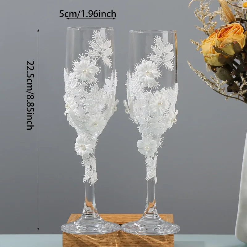 Wedding glasses for the bride and groom, simple design, champagne glasses filled with flowers, engagement, anniversaries