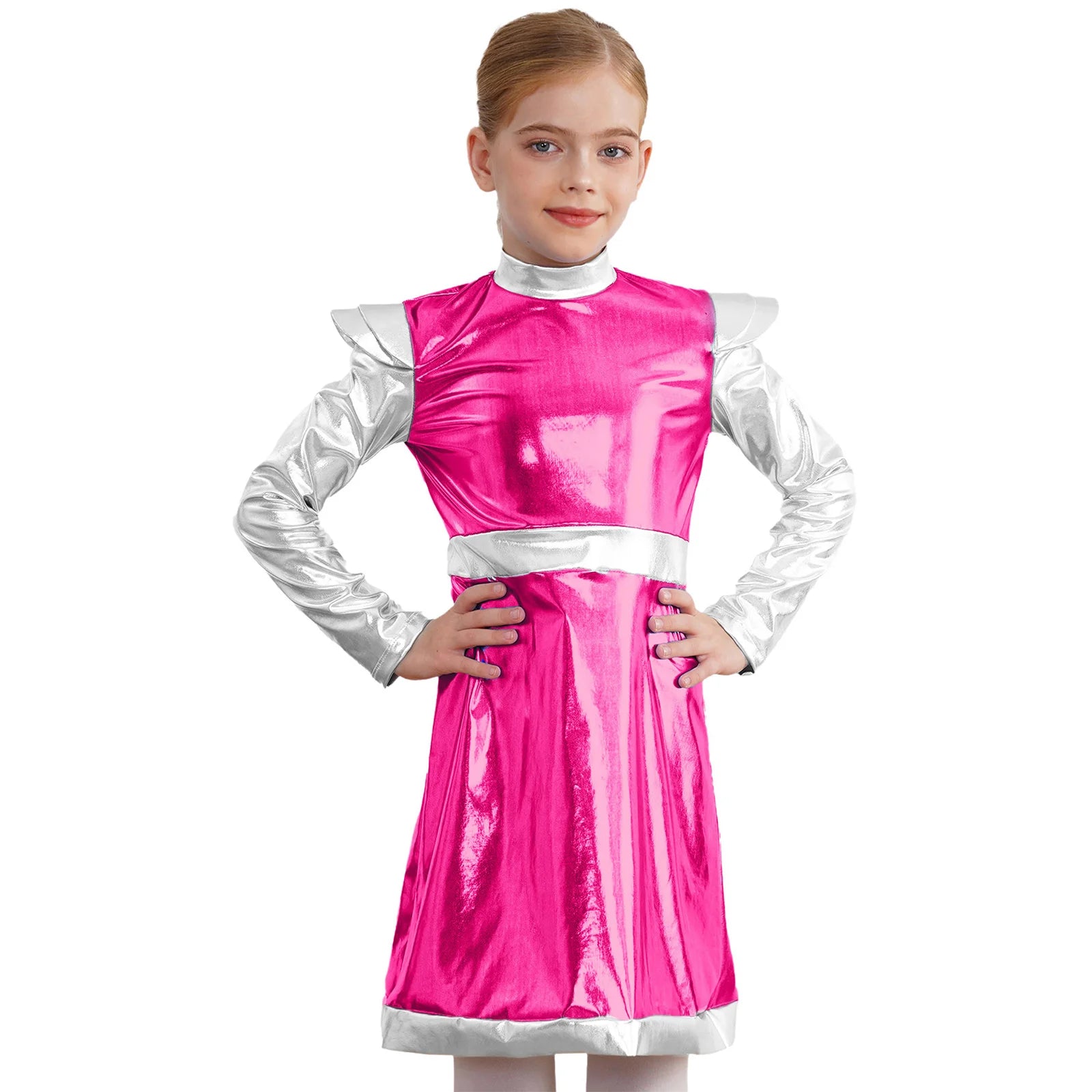 Kids Alien Cosplay Costume Outfits Boys Girls Metallic Shiny Alien Jumpsuit Halloween Full Length Bodysuit with Hair Hoop Suit