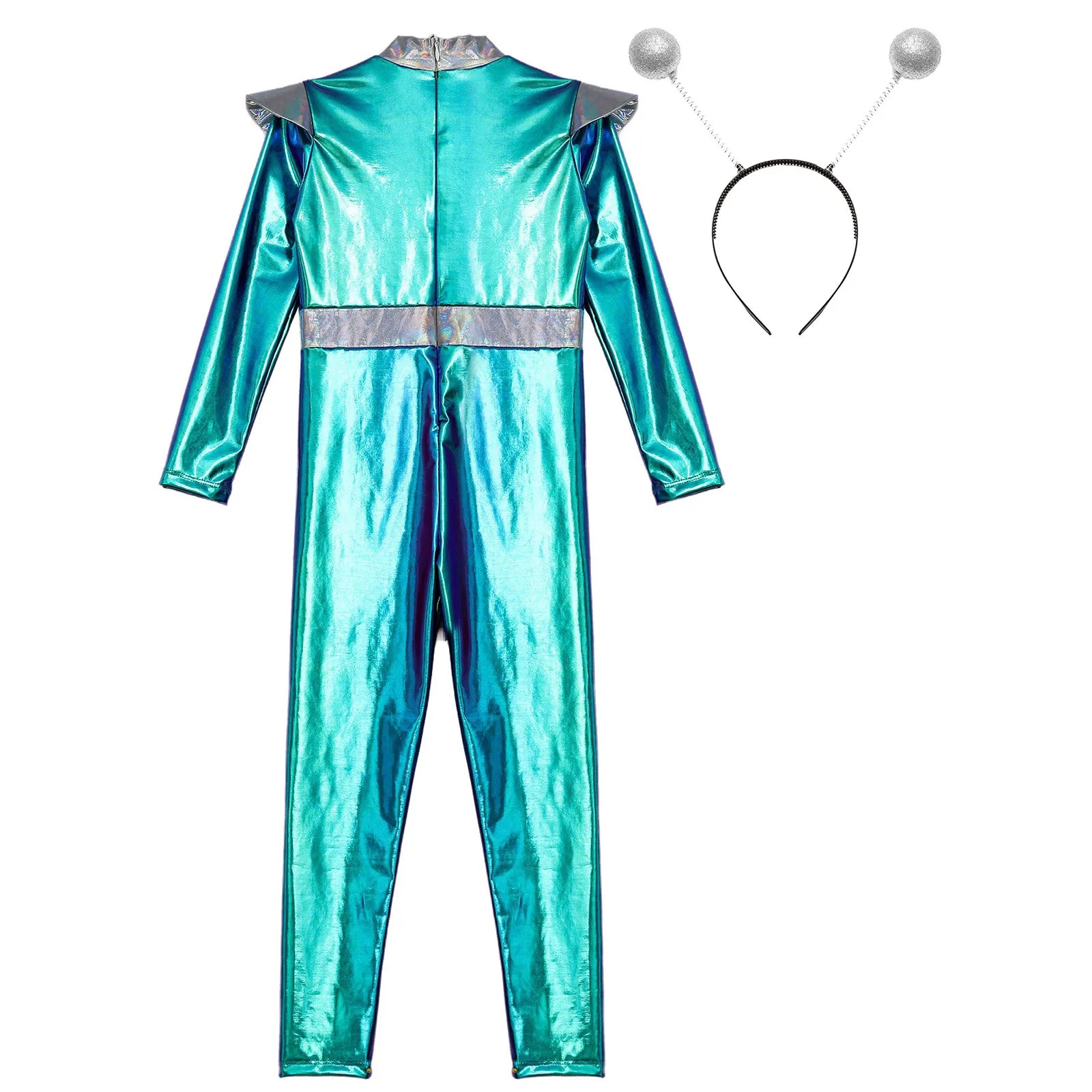 Kids Alien Cosplay Costume Outfits Boys Girls Metallic Shiny Alien Jumpsuit Halloween Full Length Bodysuit with Hair Hoop Suit