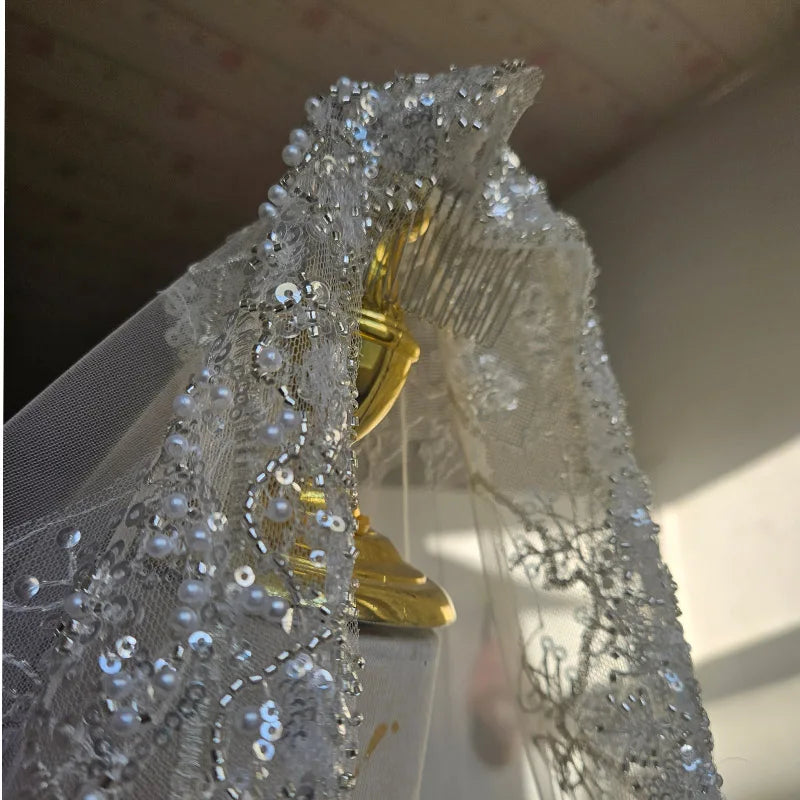 Full crystal pearl lace veil bridal cathedral luxury new wedding accessories white veil With metal hair comb  custom made veil