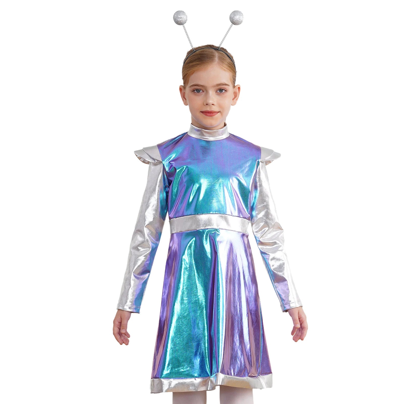 Kids Alien Cosplay Costume Outfits Boys Girls Metallic Shiny Alien Jumpsuit Halloween Full Length Bodysuit with Hair Hoop Suit
