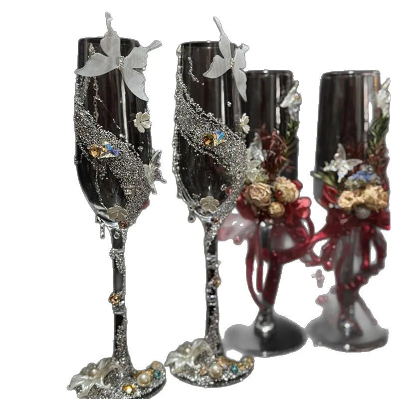 Creative light luxury homemade wedding toast glass DIY material package champagne glass a pair of engagement decoration gift gir