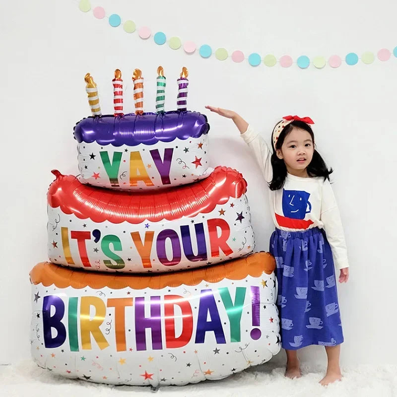 3-Layer Large Cake Balloons  Birthday Cartoon Bear Cake Foil Balloons for Kids Birthday Party Decoration Props Balloon Toys
