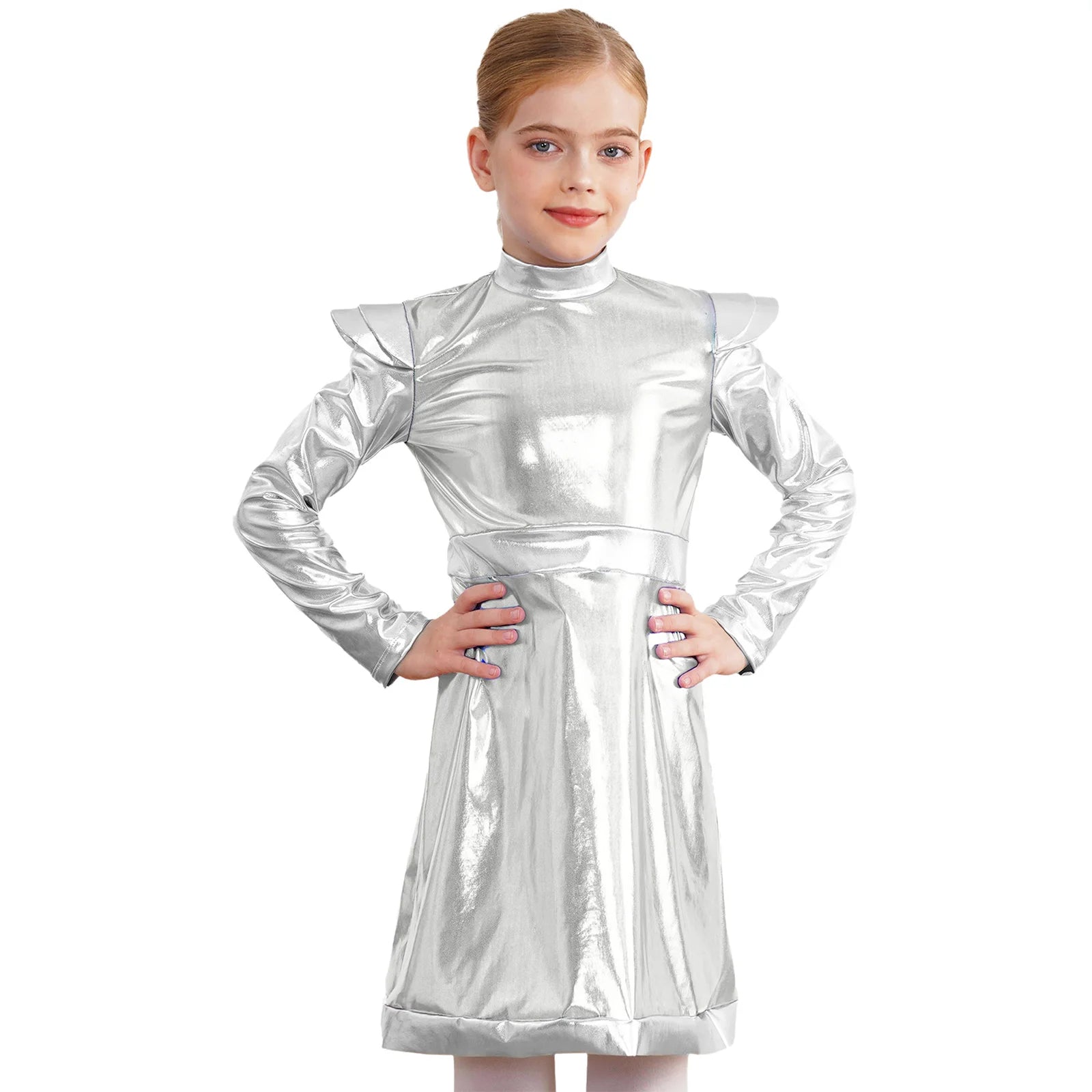Kids Alien Cosplay Costume Outfits Boys Girls Metallic Shiny Alien Jumpsuit Halloween Full Length Bodysuit with Hair Hoop Suit