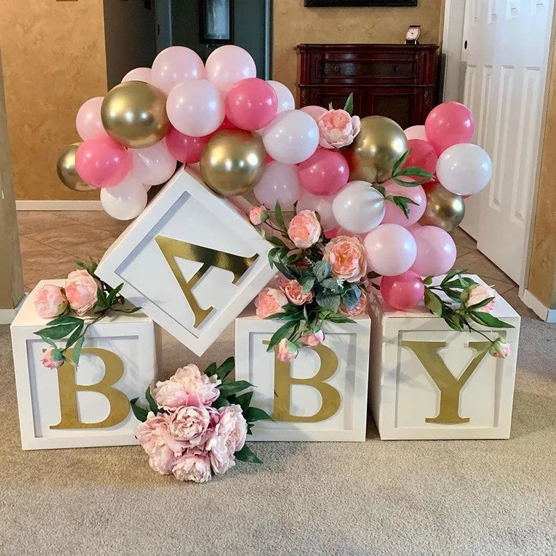 Baby Boxes with Letters for Baby Shower Gender Reveal Decorations White Boxes Blocks with 4 pcs Letters Birthday Party Decor