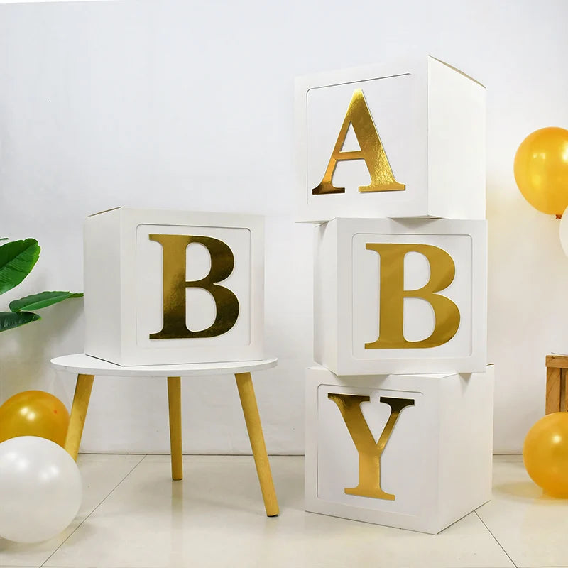 Baby Boxes with Letters for Baby Shower Gender Reveal Decorations White Boxes Blocks with 4 pcs Letters Birthday Party Decor