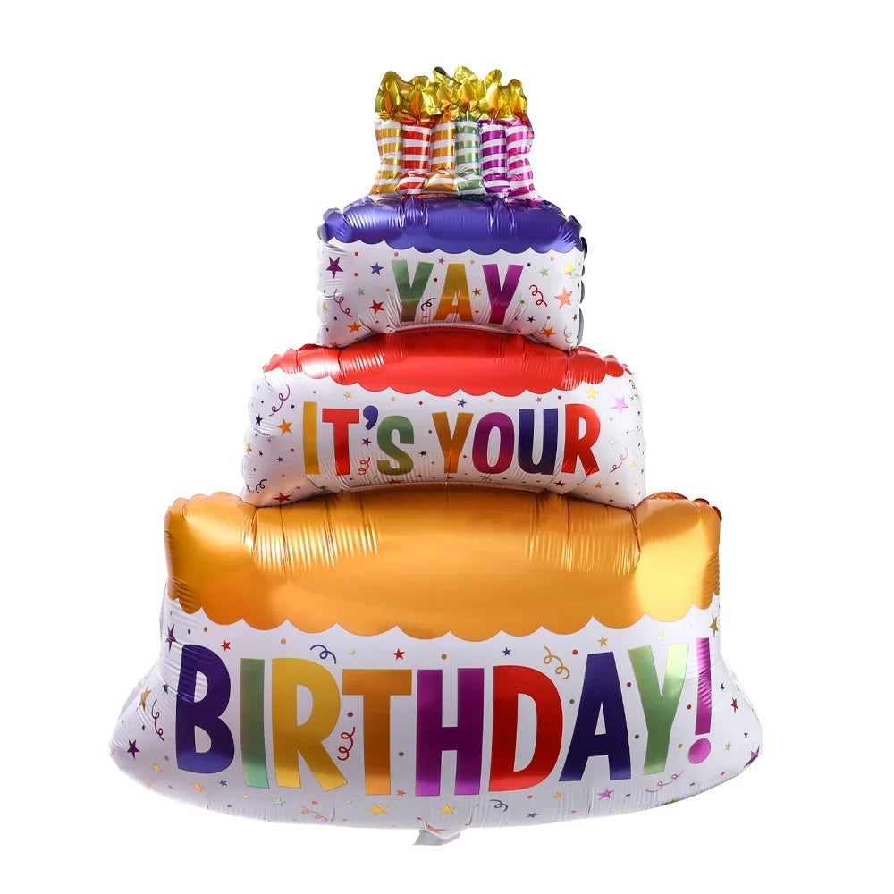 3-Layer Large Cake Balloons  Birthday Cartoon Bear Cake Foil Balloons for Kids Birthday Party Decoration Props Balloon Toys