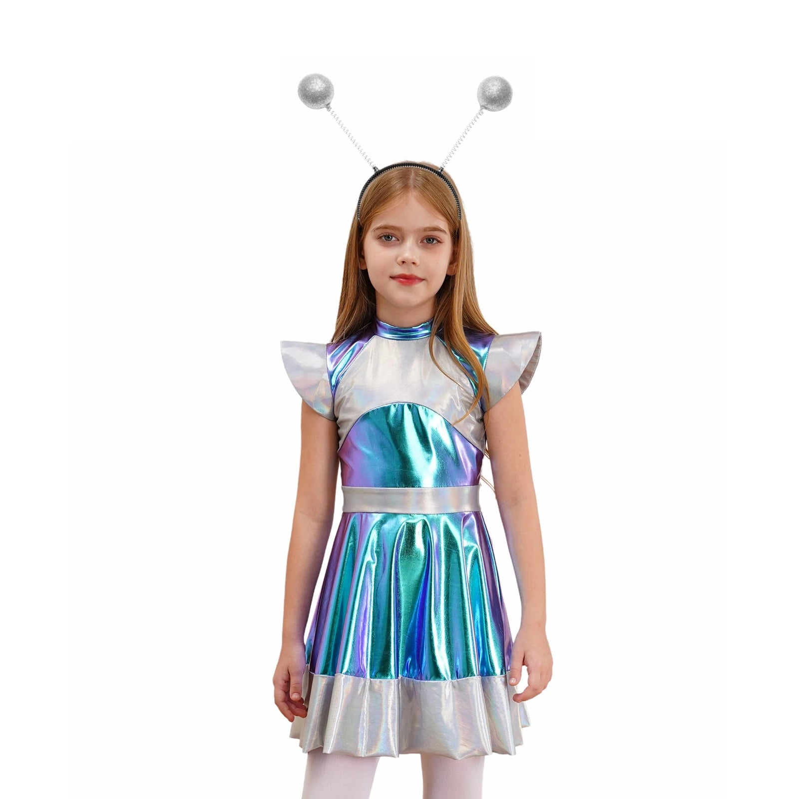 Kids Alien Cosplay Costume Outfits Boys Girls Metallic Shiny Alien Jumpsuit Halloween Full Length Bodysuit with Hair Hoop Suit