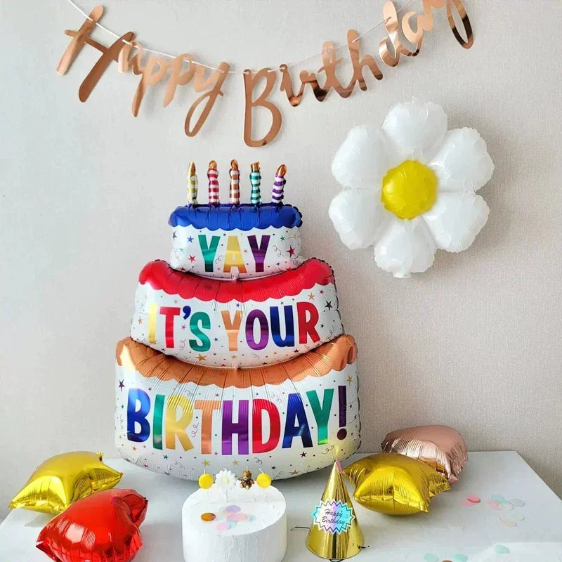 3-Layer Large Cake Balloons  Birthday Cartoon Bear Cake Foil Balloons for Kids Birthday Party Decoration Props Balloon Toys