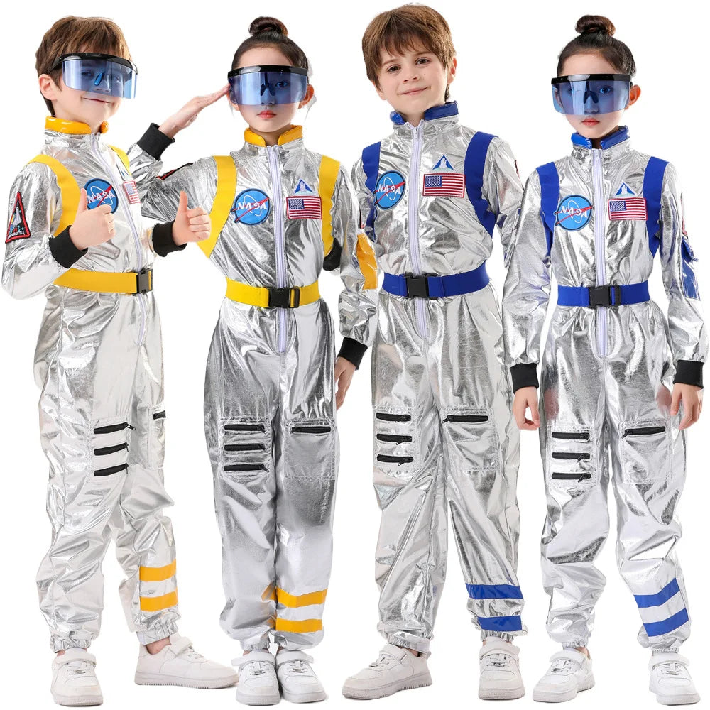 Astronaut Costume Kids Astronaut Silver Jumpsuit Space Themed Party Dress Up Boys Girls Spaceman Cosplay Children Space Suit