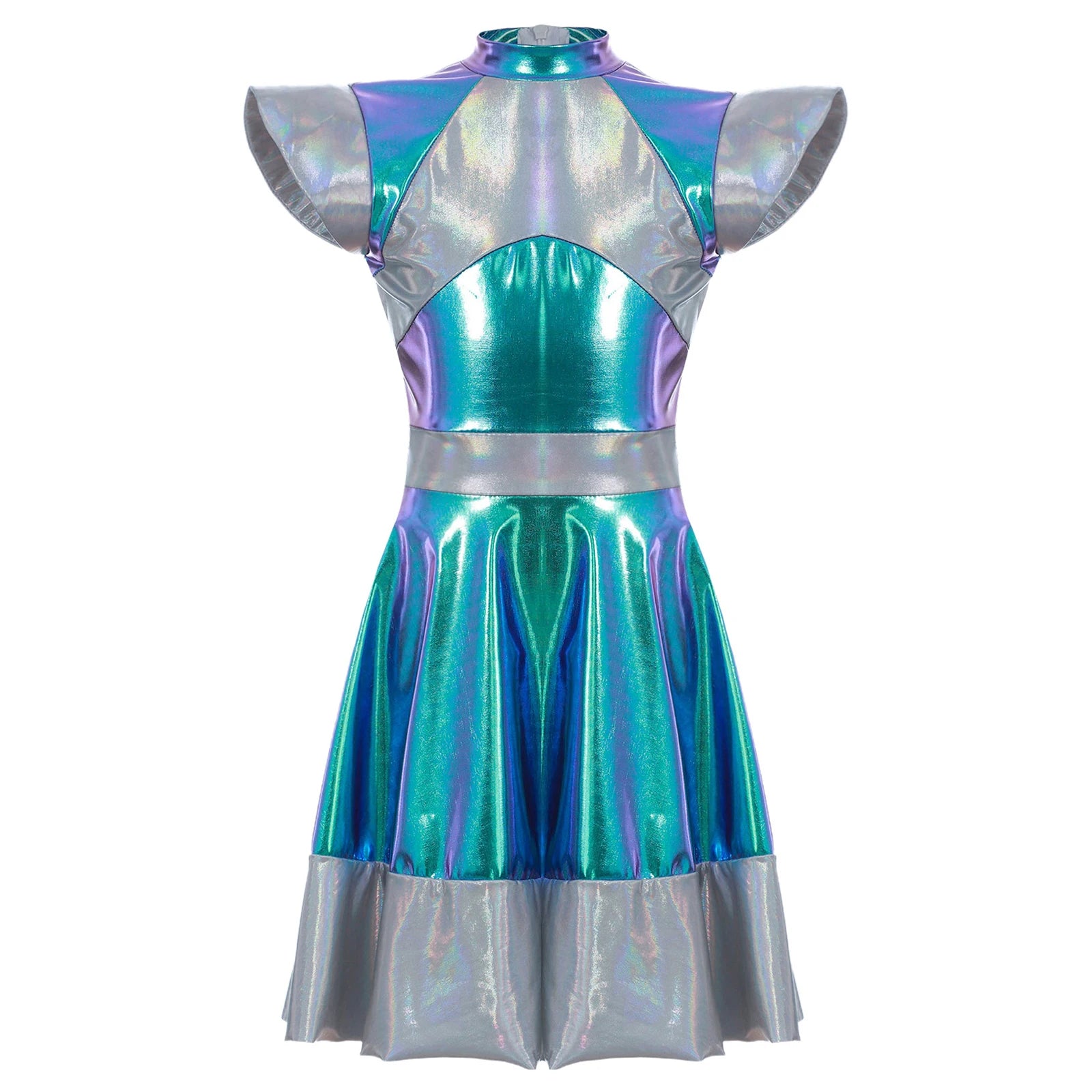 Kids Alien Cosplay Costume Outfits Boys Girls Metallic Shiny Alien Jumpsuit Halloween Full Length Bodysuit with Hair Hoop Suit